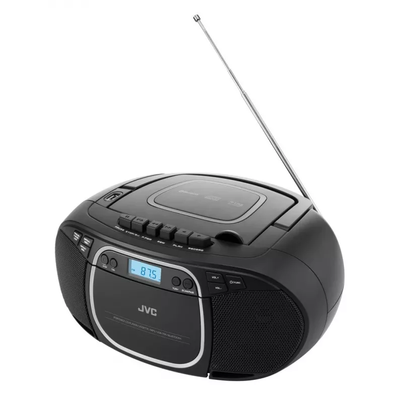 Leitor de CD portátil JVC RC-E451B preto — CD/MP3, Bluetooth, FM 87,5–108 MHz, USB, AUX, 3,2 W RMS