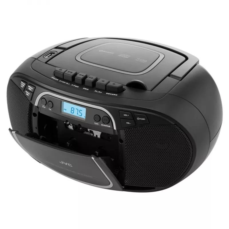 Leitor de CD portátil JVC RC-E451B preto — CD/MP3, Bluetooth, FM 87,5–108 MHz, USB, AUX, 3,2 W RMS