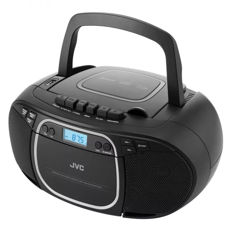 Leitor de CD portátil JVC RC-E451B preto — CD/MP3, Bluetooth, FM 87,5–108 MHz, USB, AUX, 3,2 W RMS