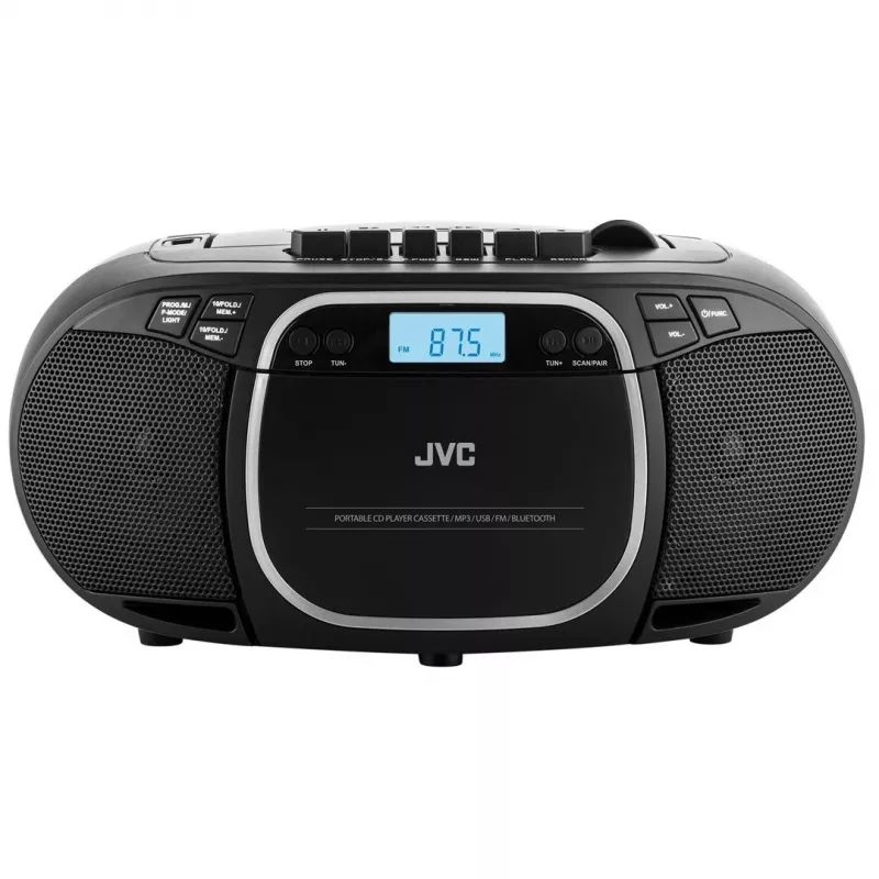 Leitor de CD portátil JVC RC-E451B preto — CD/MP3, Bluetooth, FM 87,5–108 MHz, USB, AUX, 3,2 W RMS