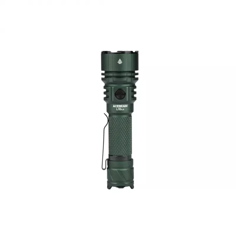 Lanterna de mão AceBeam L16 2.0 verde — bateria 21700 Li‑Ion recarregável, 5000 mAh, até 2100 lm, IP68, 7 níveis de potência