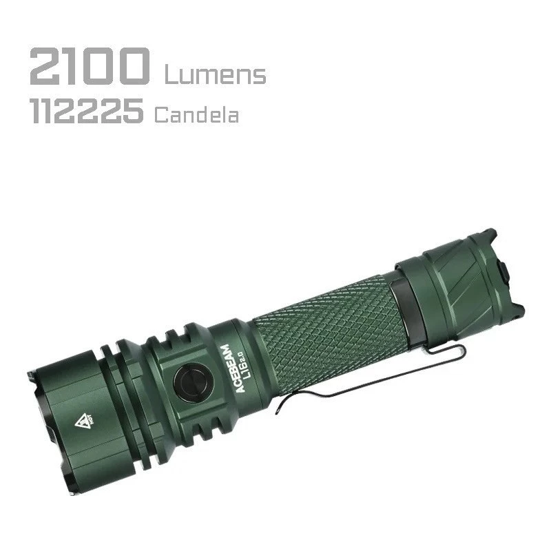 Lanterna de mão AceBeam L16 2.0 verde — bateria 21700 Li‑Ion recarregável, 5000 mAh, até 2100 lm, IP68, 7 níveis de potência