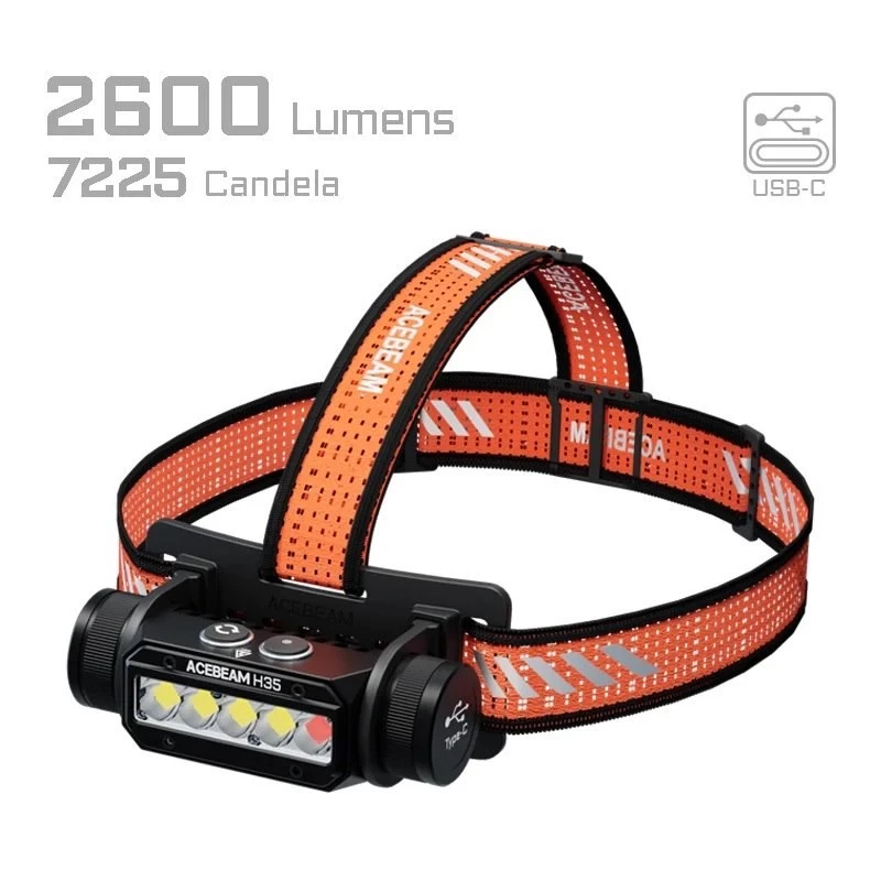 Lanterna de cabeça AceBeam H35 — lanterna LED, máx. 2600 lm, alcance de 170 m, IP68, 18650 3800 mAh, 216 h de autonomia