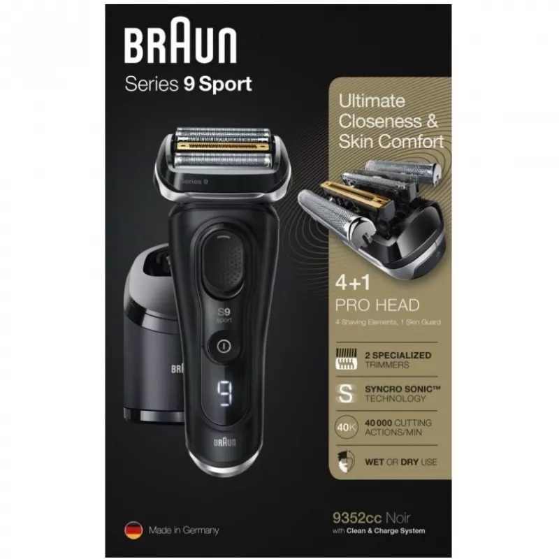 Máquina de barbear de lâminas Braun Series 9 9352cc Sport aparador preto cinzento
