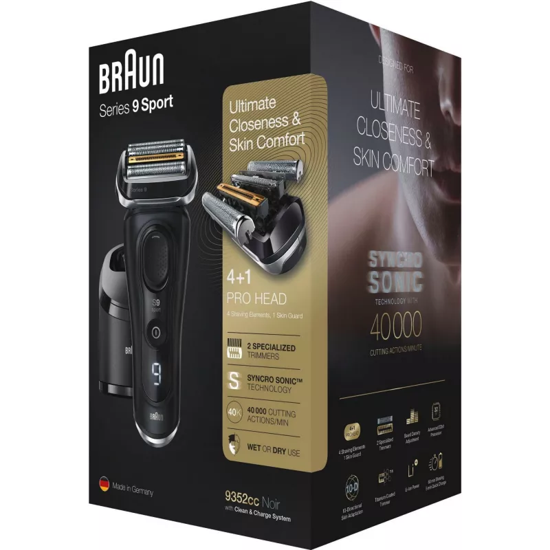Máquina de barbear de lâminas Braun Series 9 9352cc Sport aparador preto cinzento