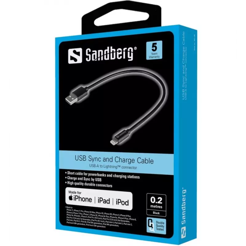 Adaptador SANDBERG Lightning - USB macho para Lightning macho - 20 cm - Preto - para Apple iPad/iPhone/iPod (Lightning)