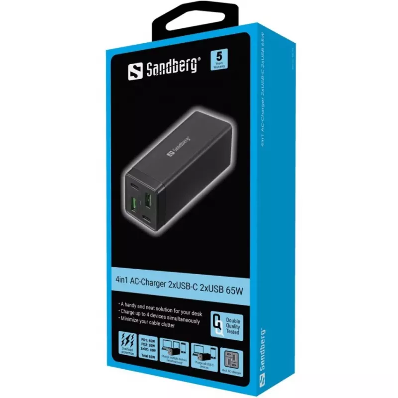 Fonte de alimentação SANDBERG - 65 Watt - 3,25 A - PD, QC - 4 portas de saída (2 x USB, 2 x USB-C)
