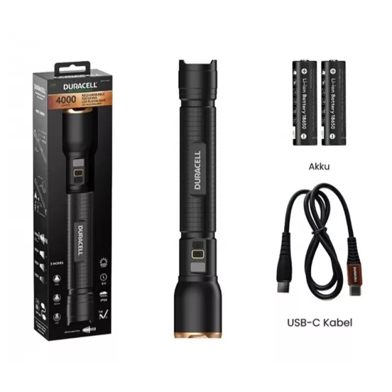 Lanterna Duracell DF4000R preta – lanterna recarregável, design compacto