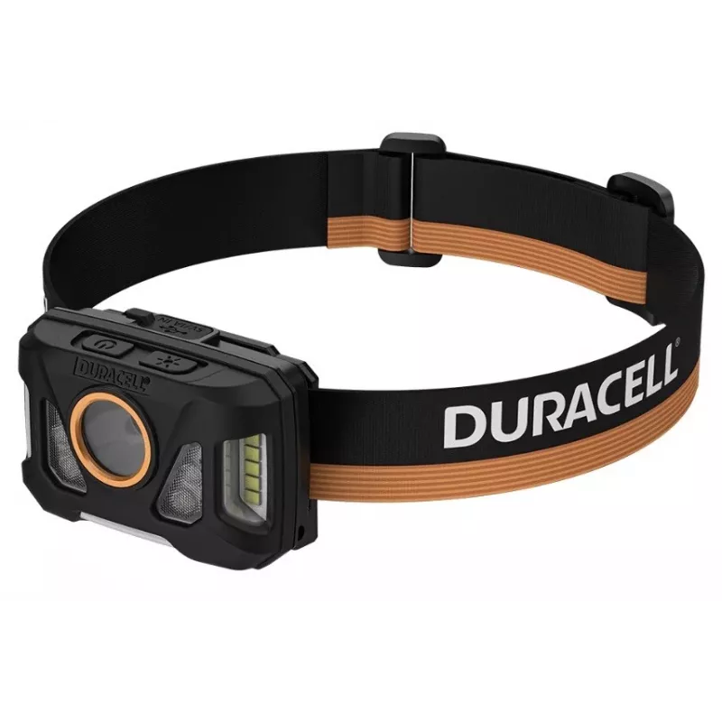 Lanterna de cabeça Duracell DH1000R — preta/laranja, luz recarregável mãos livres
