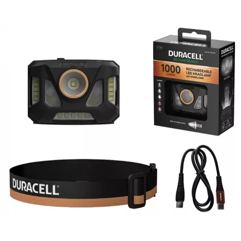 Lanterna de cabeça Duracell DH1000R — preta/laranja, luz recarregável mãos livres