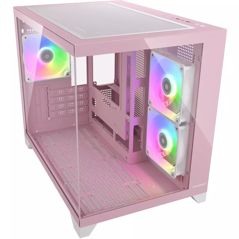 Caixa de PC mini-torre Cougar FV150 ARGB – rosa, suporta 2x ventoinhas laterais de 120/140 mm, 1x 120 mm traseira, HDD de 2,5