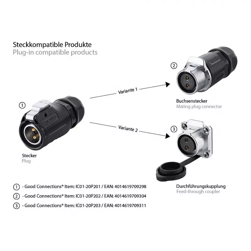 Conector de cabo Alcasa IC01-20P202 S1 corrente 2 polos preto