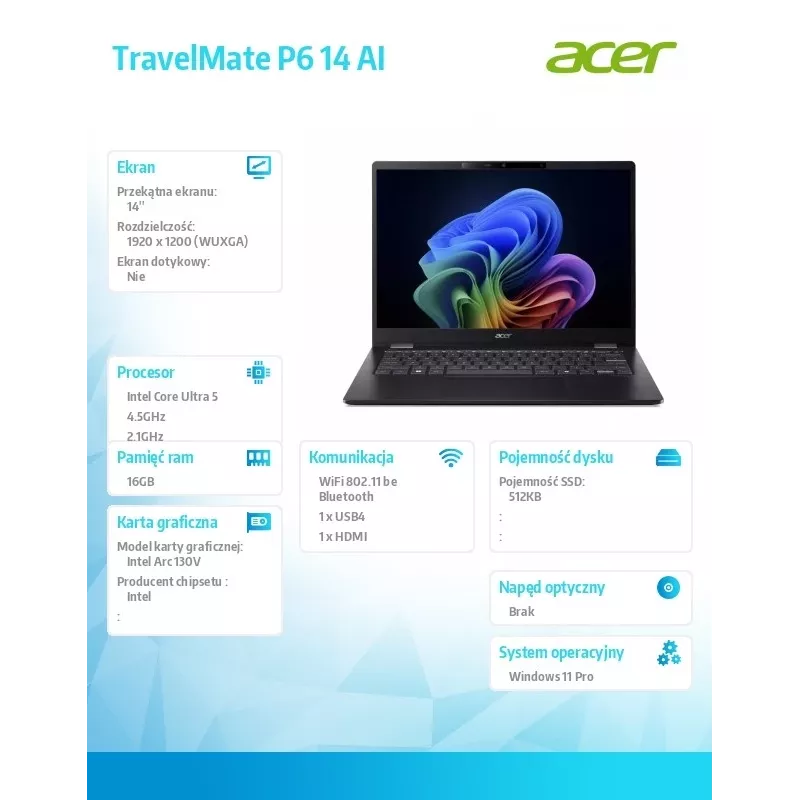 Portátil Acer TravelMate P6 14 AI TMP614-54T com Intel Ultra 5, 16 GB RAM, 512 GB SSD, Windows 11 Pro, bateria 226-V