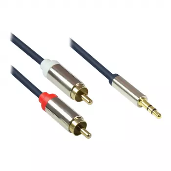 Cabo de ligação áudio High-Quality 3,5 mm, ficha jack macho para 2x ficha RCA, caixa totalmente metálica, azul-escuro, 2 m, Good Connections (GC-M0059)