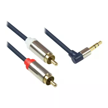 Cabo de ligação áudio High-Quality 3,5 mm, ficha jack macho direita angular para 2x ficha RCA, caixa totalmente metálica, azul-escuro, 5 m, Good Connections (GC-M0067