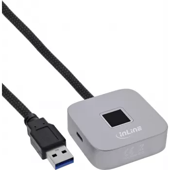 Leitor de impressões digitais USB com hub InLine 41360K, compatível com Windows Hello, cabo de 1,5 m, prateado