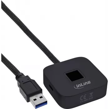 Leitor de impressões digitais USB com hub InLine, compatível com Windows Hello, cabo de 1,5 m, preto