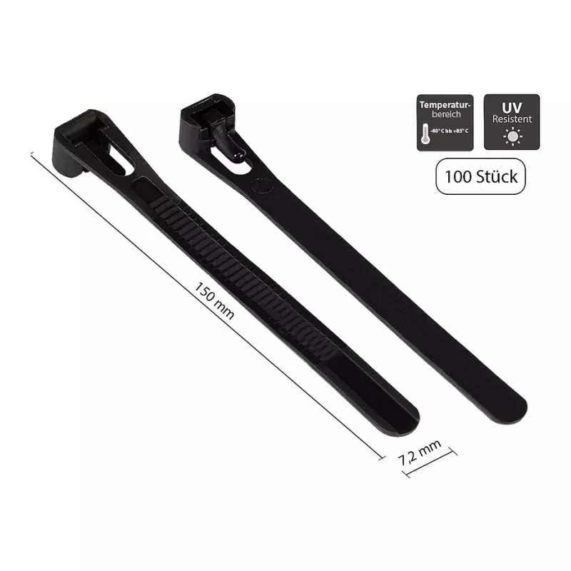 Abraçadeira de cabo reutilizável 150 mm x 7,2 mm, preto, resistente a UV, -40 °C a +85 °C, 100 unidades (KAB-R15S72)