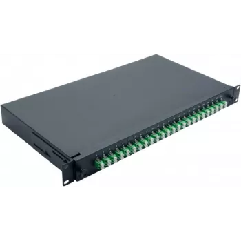 Helos 375555 caixa de fusão de fibra ótica 19 inch, 24x LC/APC Duplex OS2, pronta a fusionar, preta
