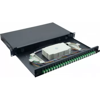 Helos 375555 caixa de fusão de fibra ótica 19 inch, 24x LC/APC Duplex OS2, pronta a fusionar, preta
