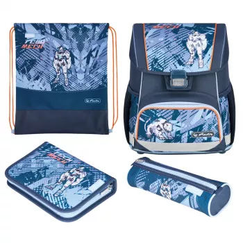 Conjunto de mochila escolar HERLITZ Loop Plus TechMech para rapaz — poliéster, composto por mochila escolar, saco de desporto, estojo, estojo de lápis