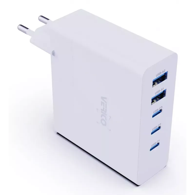 Carregador rápido Verico MOJO GaN 140W multi-porta USB-C e USB-A para portáteis, smartphones e tablets, branco