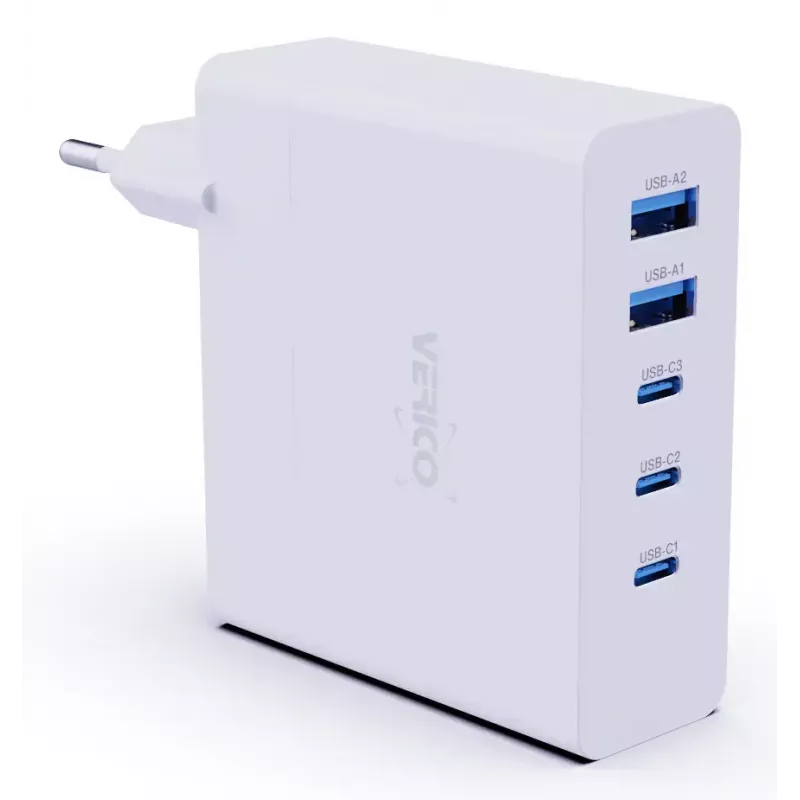Carregador rápido Verico MOJO GaN 140W multi-porta USB-C e USB-A para portáteis, smartphones e tablets, branco
