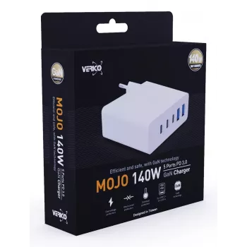 Carregador rápido Verico MOJO GaN 140W multi-porta USB-C e USB-A para portáteis, smartphones e tablets, branco