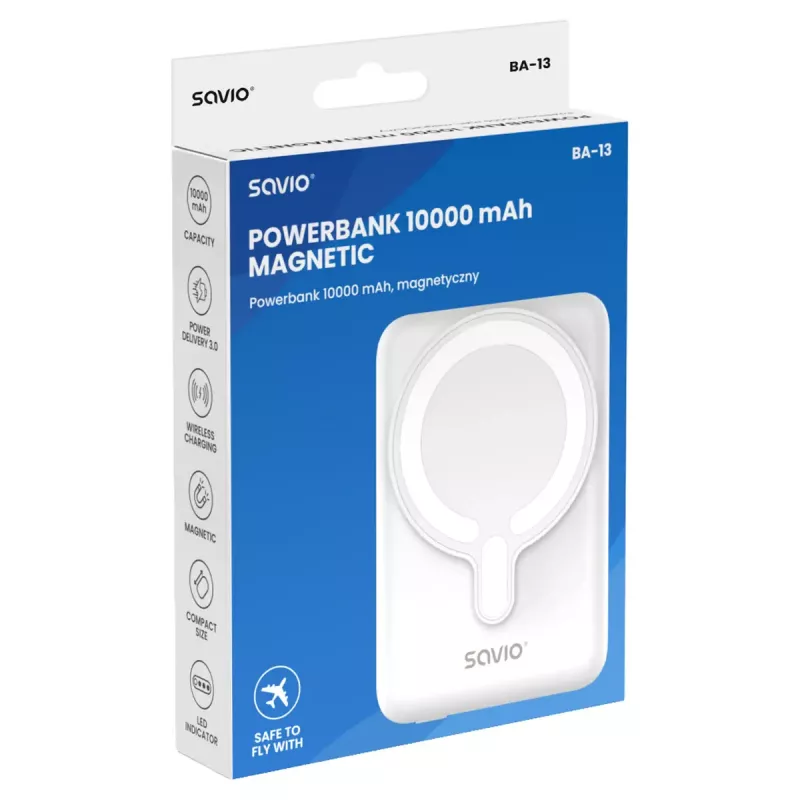 Powerbank SAVIO BA-13 10000 mAh com saída de 20 W e carregamento sem fios, branco