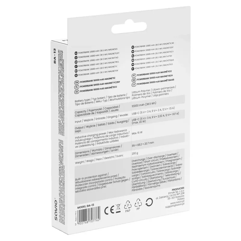 Powerbank SAVIO BA-13 10000 mAh com saída de 20 W e carregamento sem fios, branco