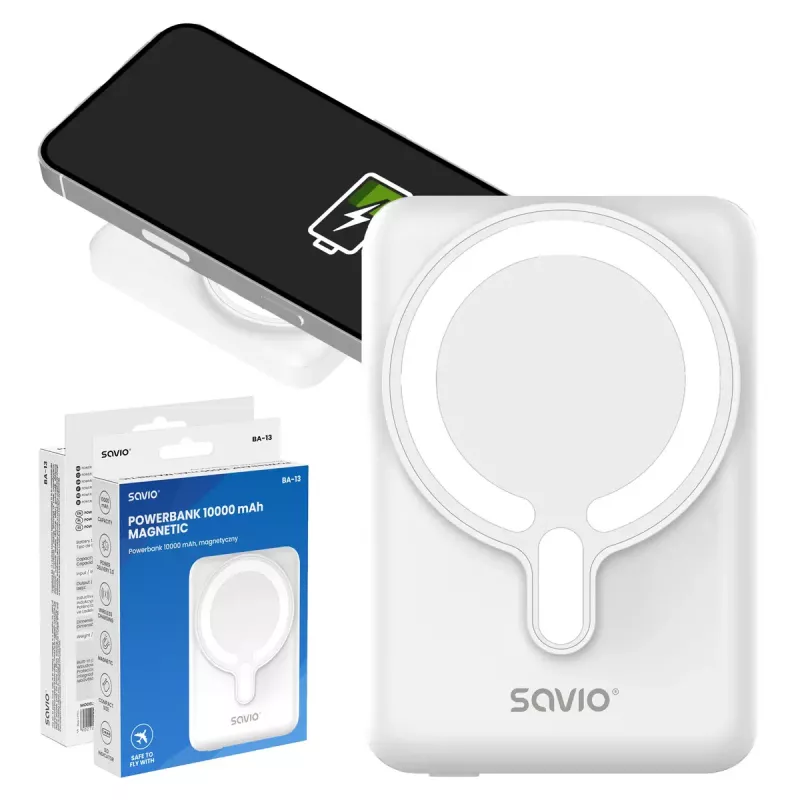 Powerbank SAVIO BA-13 10000 mAh com saída de 20 W e carregamento sem fios, branco