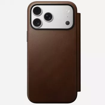 Capa para telemóvel em pele Nomad Modern Leather Folio para iPhone 17 Pro Max (6,9 polegadas) castanho, pele/alumínio, 4 compartimentos para cartões