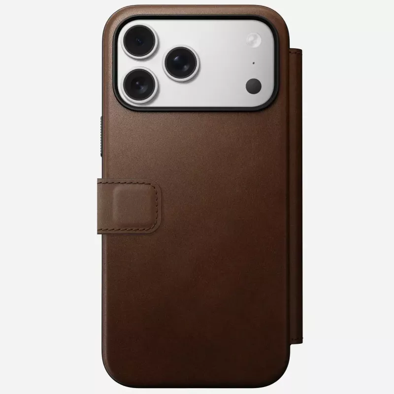 Capa para telemóvel em pele Nomad Modern Leather Folio para iPhone 17 Pro Max (6,9 polegadas) castanho, pele/alumínio, 4 compartimentos para cartões