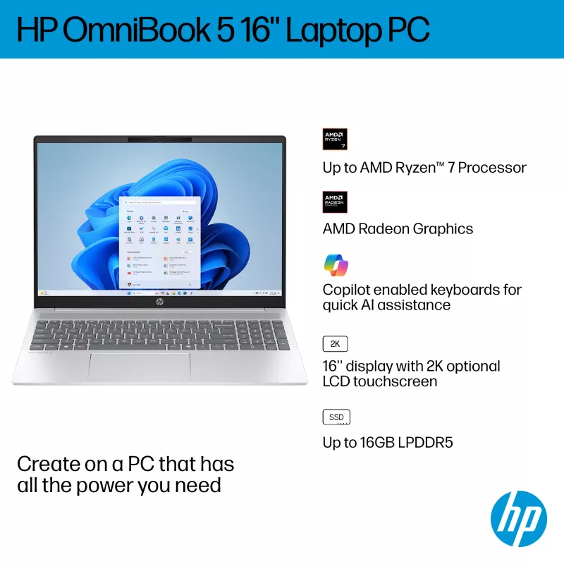 HP OmniBook 5 16-bc1002na AMD Ryzen™ 5 8540U Portátil 40,6 cm (16 polegadas) ecrã tátil 2K 8 GB LPDDR5-SDRAM 512 GB SSD Wi-Fi 6 (802.11ax) Windows 11 Home prateado (recondicionado)
