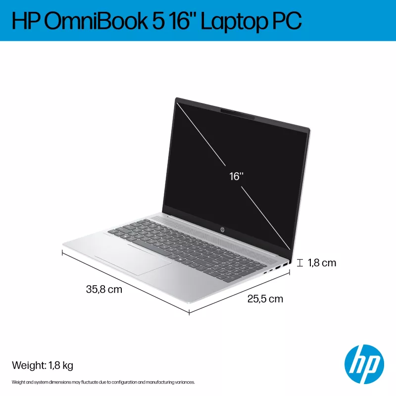 HP OmniBook 5 16-bc1002na AMD Ryzen™ 5 8540U Portátil 40,6 cm (16 polegadas) ecrã tátil 2K 8 GB LPDDR5-SDRAM 512 GB SSD Wi-Fi 6 (802.11ax) Windows 11 Home prateado (recondicionado)