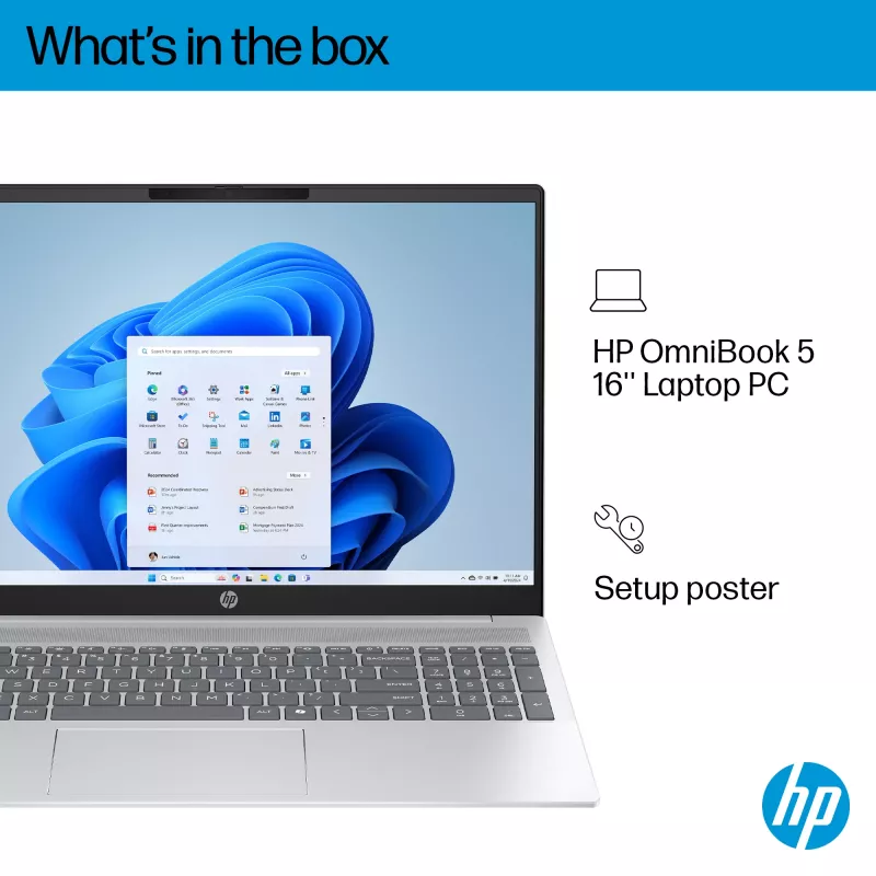 HP OmniBook 5 16-bc1004na AMD Ryzen™ 5 8540U portátil 40,6 cm (16 polegadas) 2K 16 GB LPDDR5-SDRAM 512 GB SSD Wi-Fi 6 (802.11ax) Windows 11 Home prateado