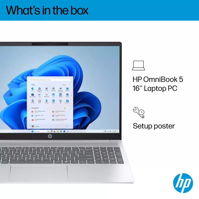 HP OmniBook 5 16-ba1003na Intel® Core™ i7 i7-1355U Portátil 40,6 cm (16 polegadas) 2K 16 GB LPDDR5x-SDRAM 512 GB SSD Wi-Fi 6 (802.11ax) Windows 11 Home prateado (recondicionado)