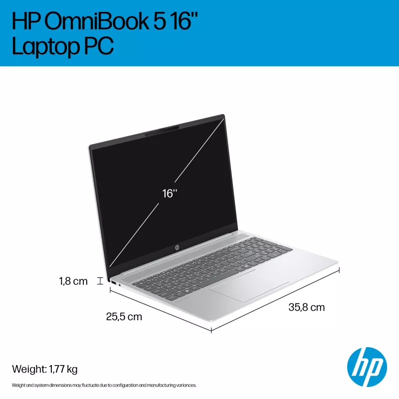 HP OmniBook 5 16-ba1004na Intel® Core™ i5 i5-1334U Portátil 40,6 cm (16 polegadas) 2K 16 GB LPDDR5x-SDRAM 512 GB SSD Wi-Fi 6 (802.11ax) Windows 11 Home prateado (recondicionado)