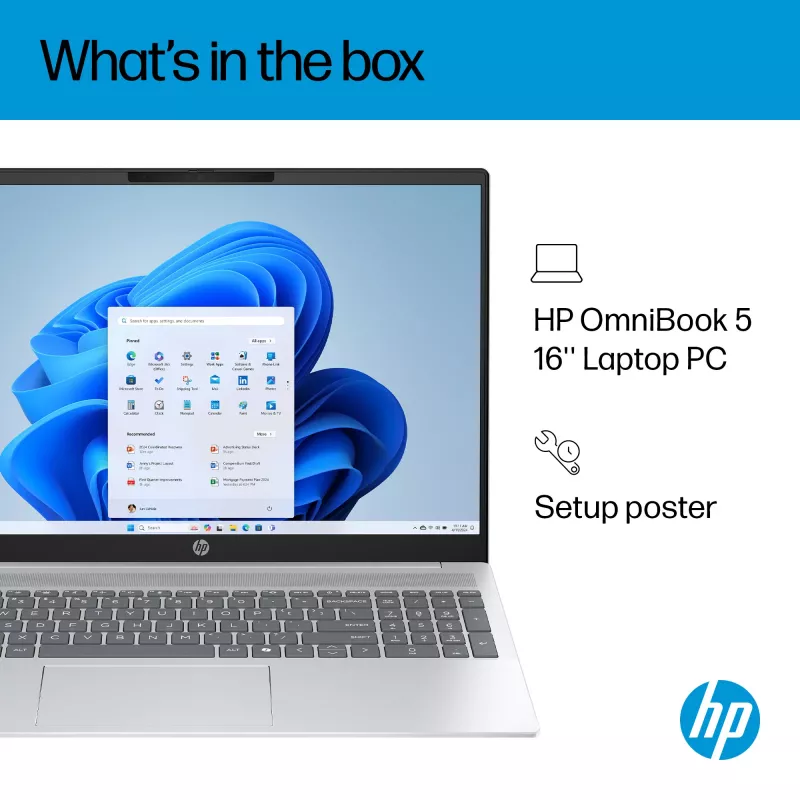 HP OmniBook 5 16-ba1005na Intel® Core™ i3 i3-1315U Portátil 40,6 cm (16 polegadas) 2K 8 GB LPDDR5-SDRAM 512 GB SSD Wi-Fi 6 (802.11ax) Windows 11 Home prateado (recondicionado)