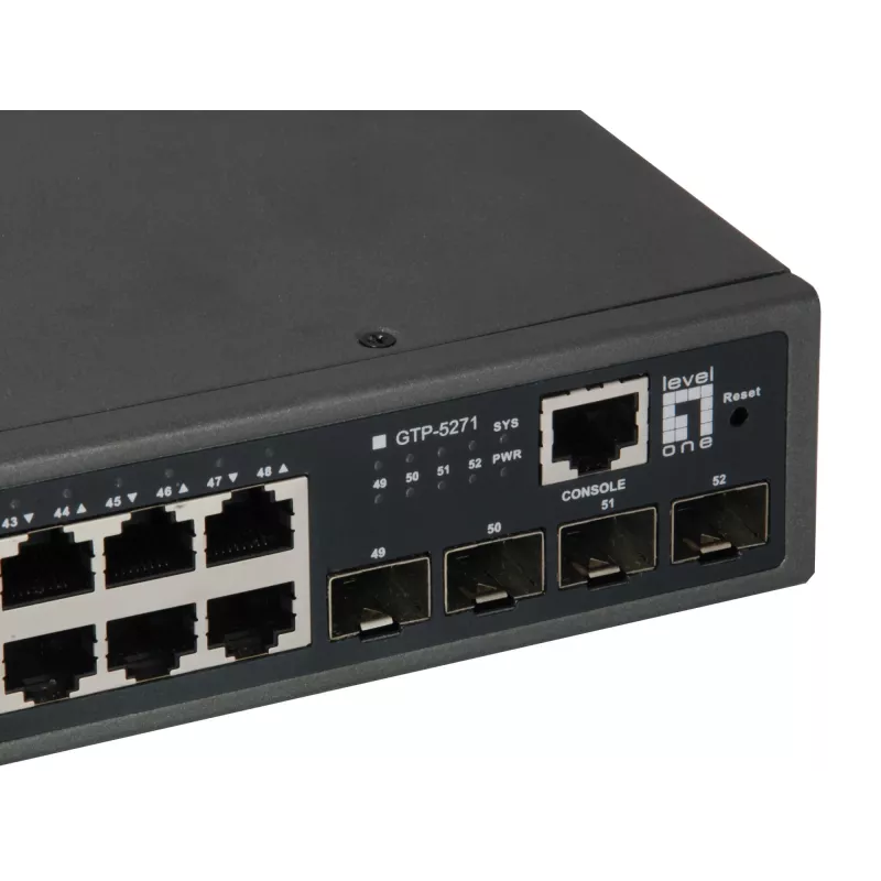 LevelOne Switch Gigabit PoE gerido L3 Lite de 52 portas, 4 x 10GbE SFP+, 48 saídas PoE, orçamento de potência PoE 400W