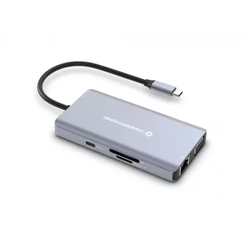 Conceptronic DONN20G Docking station USB 3.2 Gen 1 10 em 1, HDMI, VGA, USB-A 5 Gbit/s, USB-C 5 Gbit/s, SD, TF/MicroSD, áudio, GbE LAN, 100 W USB PD