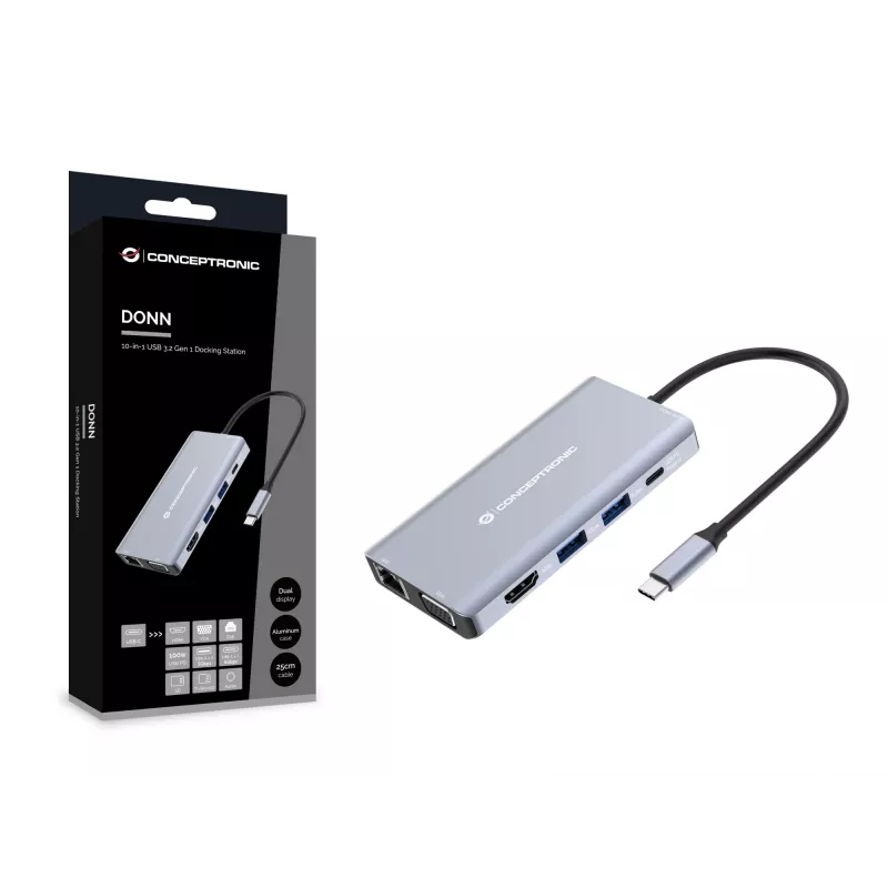 Conceptronic DONN20G Docking station USB 3.2 Gen 1 10 em 1, HDMI, VGA, USB-A 5 Gbit/s, USB-C 5 Gbit/s, SD, TF/MicroSD, áudio, GbE LAN, 100 W USB PD