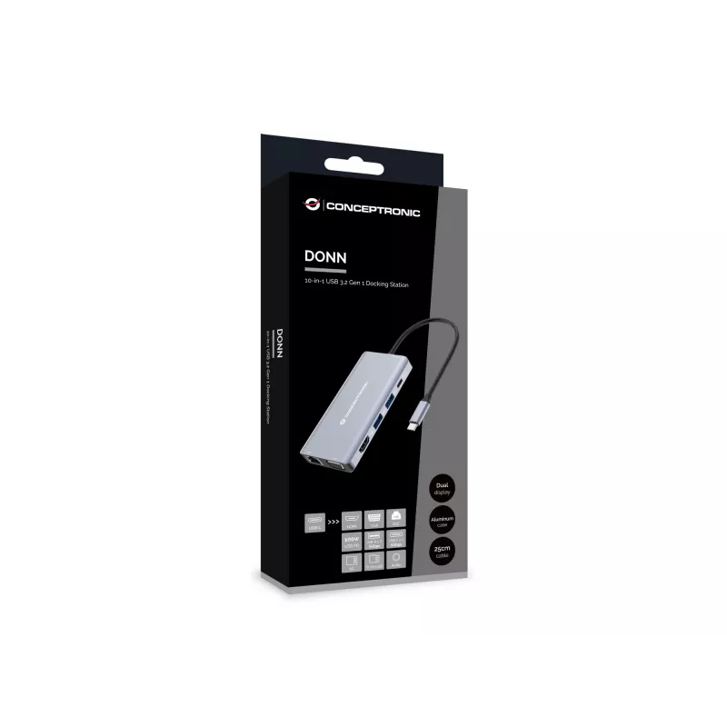 Conceptronic DONN20G Docking station USB 3.2 Gen 1 10 em 1, HDMI, VGA, USB-A 5 Gbit/s, USB-C 5 Gbit/s, SD, TF/MicroSD, áudio, GbE LAN, 100 W USB PD