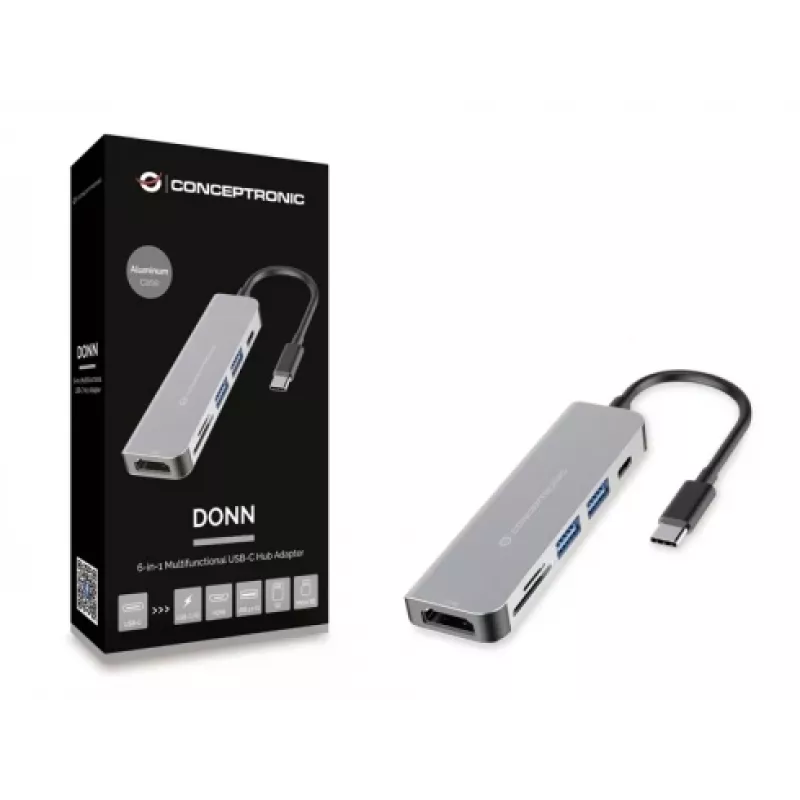Conceptronic DONN02G Docking station/replicador de portas para portátil USB 3.2 Gen 1 (3.1 Gen 1) Type-C alumínio