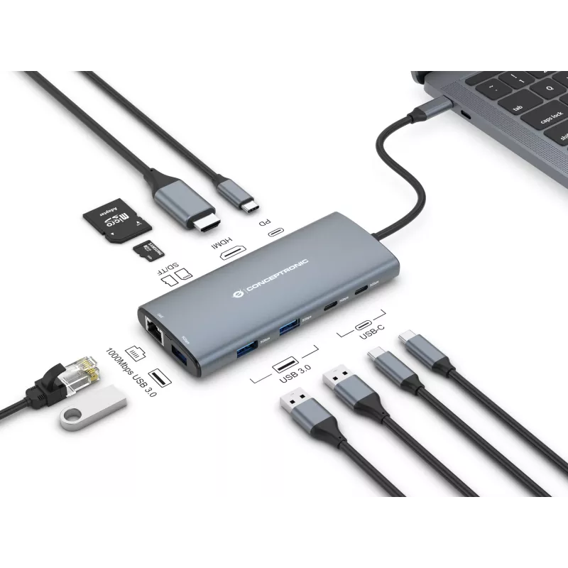 Conceptronic DONN06G Docking station USB 3.2 Gen 1 10 em 1, HDMI, 100 W USB PD, USB-C 5 Gbit/s x 2, USB-A 5 Gbit/s x 3, SD, TF/MicroSD, GbE