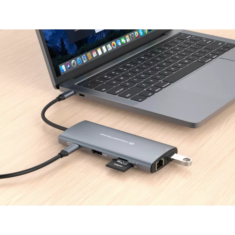 Conceptronic DONN06G Docking station USB 3.2 Gen 1 10 em 1, HDMI, 100 W USB PD, USB-C 5 Gbit/s x 2, USB-A 5 Gbit/s x 3, SD, TF/MicroSD, GbE