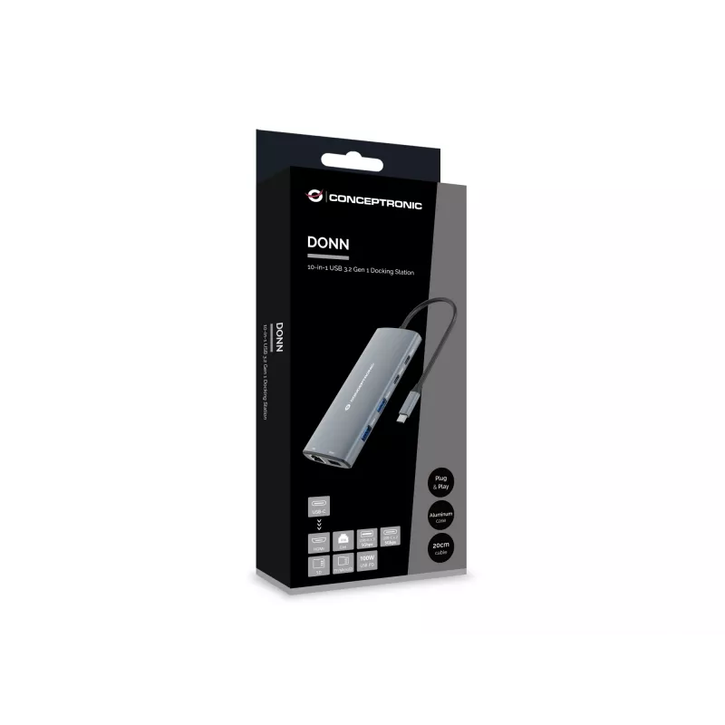 Conceptronic DONN06G Docking station USB 3.2 Gen 1 10 em 1, HDMI, 100 W USB PD, USB-C 5 Gbit/s x 2, USB-A 5 Gbit/s x 3, SD, TF/MicroSD, GbE