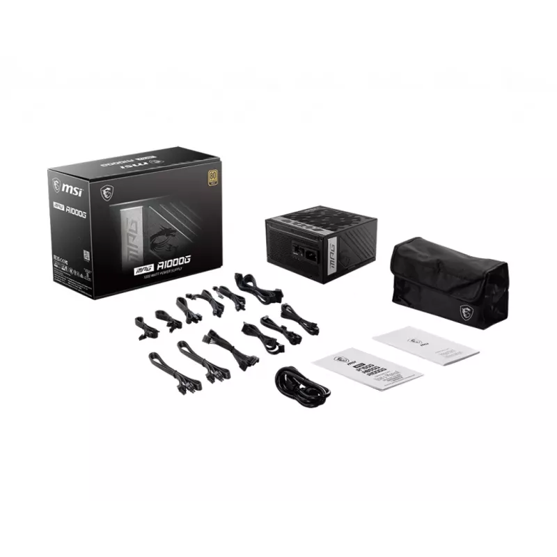 MSI MPG A1000G UK Fonte de alimentação '1000W, certificada 80 Plus Gold, totalmente modular, condensadores 100% japoneses, cabos planos, fonte de alimentação ATX, cabo de alimentação UK, preto, suporta as GPUs mais recentes'