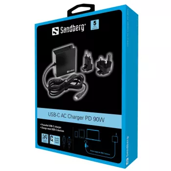 Sandberg Carregador de CA USB-C PD 90W EU+UK, interior, AC, 20,2 V, 4,5 A, 1,8 m, preto