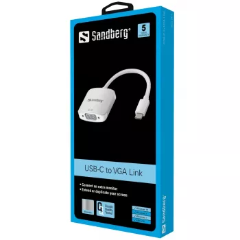 Sandberg USB-C para VGA Link, USB Type-C, VGA (D-Sub), macho, fêmea, 1920 x 1080 (HD 1080), 2048 x 1152, 1080p